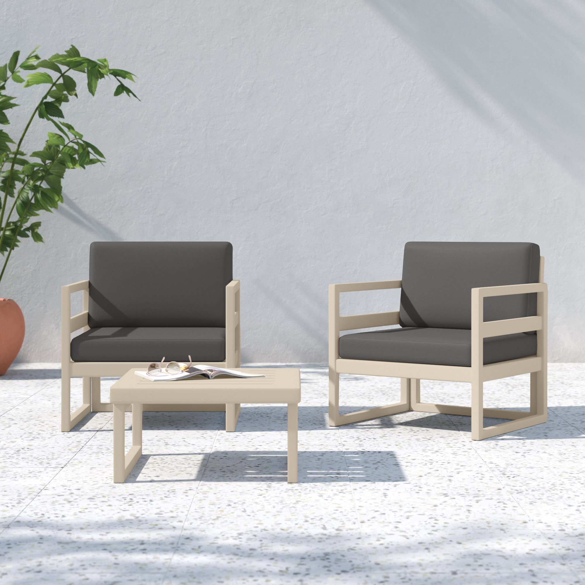 Kalani 2 - Person Patio Conversation Set with Sunbrella® Cushions, Charcoal, Taupe