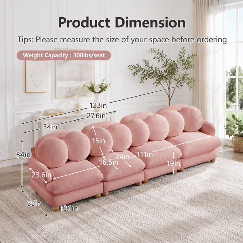 Canapé modulaire modulaire avec revêtement en chenille, Chenille rose