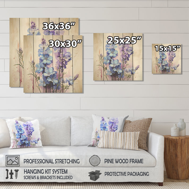 Bleu et mauve, Delphinium, bouquet de fleurs II - Delphinium sur bois, H 36 po x l 36 po