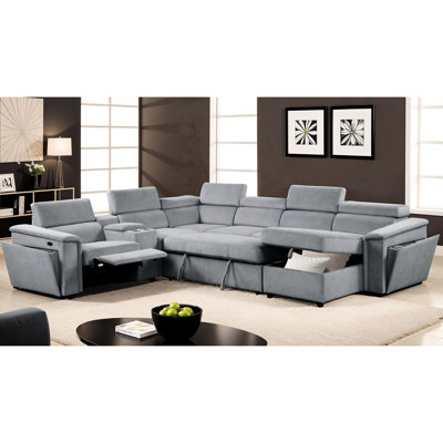 Canapé d'angle convertible en fauteuil inclinable électrique gris moderne, en bois, revêtement haute performance, appuie-tête réglables pour un confort cervical personnalisé, méridienne de rangement pour couvertures et oreillers, accoudoir dissimulé.