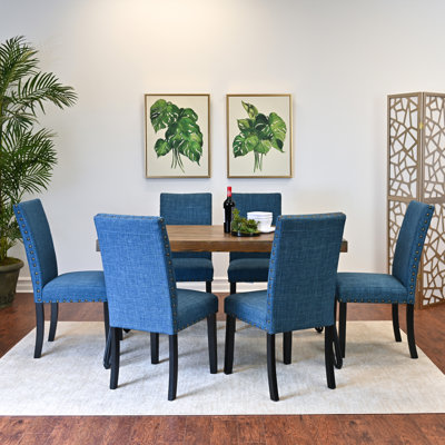 7 tables à manger: table en épingle à cheveux et 6 chaises, sensation de pin foncé, métal et bois, thème rectangulaire, revêtement en tissu confortable