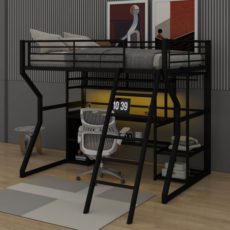 Lit mezzanine double en métal avec poste de travail intégré, garde-robe ouverte, DEL et tablette
