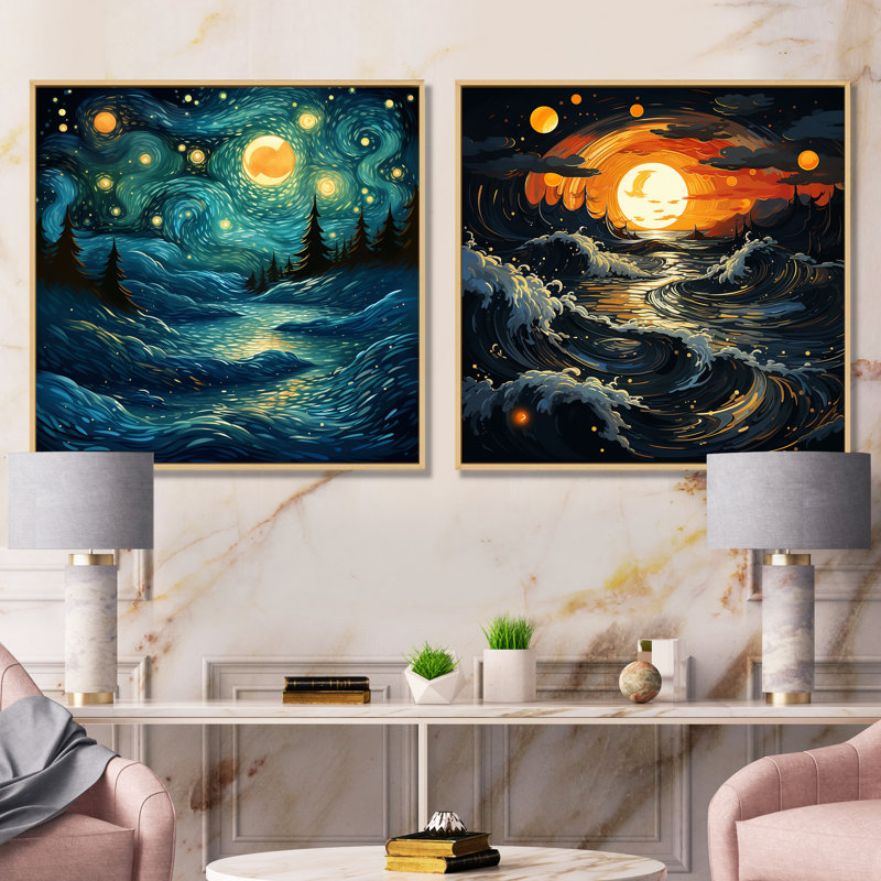 Starry Night Ocean Storm I - ensemble de 2 reproductions d'art mural paysage, Cadre flottant brun, H 16 po x l 33 po x P 1 po