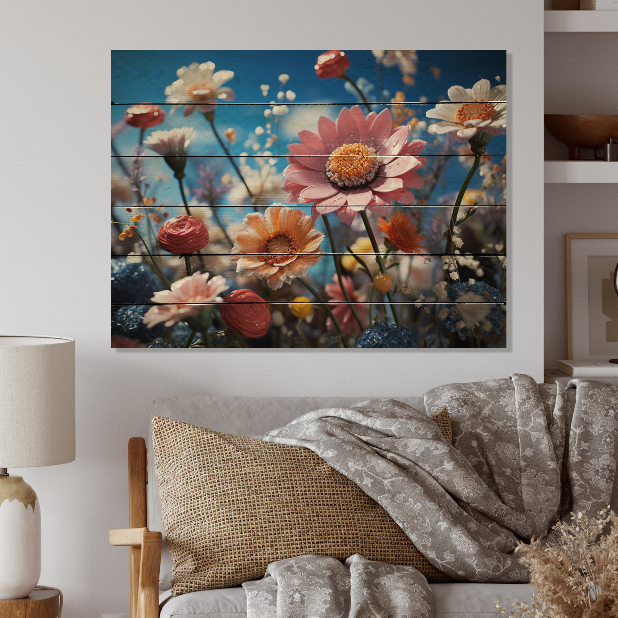 Red Barrel Studio® Whimsical Wildflowers In Blue Sky On Wood Print