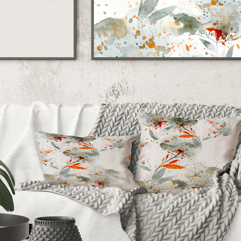 Vert et orange fleurs sauvages I - Coussin imprimé moderne, 16" x 16"