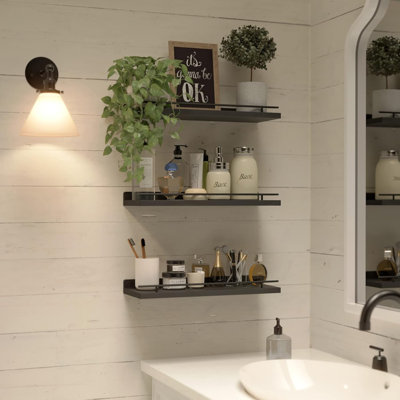 Floating Shelves With Black Metal Guardrail, Shelves For Wall Decor Set Of 3, Wall Shelves For Bedroom, Bathroom, Kitchen, Living Room, Plants, Picture Frames, Art- Black