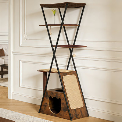 71" Modern Industrial Cat Tree: Multi-level Wooden Tower With Metal Frame & Washable Pads