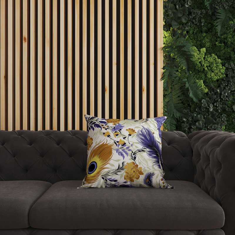 Coussin en faux suède à plumes Opus, Bleu / floral doré, H 18 po x l 18 po
