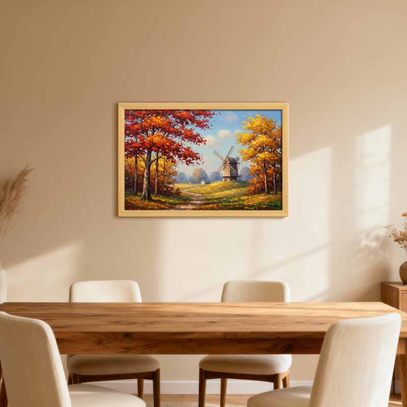 Plantes et fleurs, arbres d'automne, chemin de moulin, paysage, peinture, scène, H 24 po x l 36 po, Noir