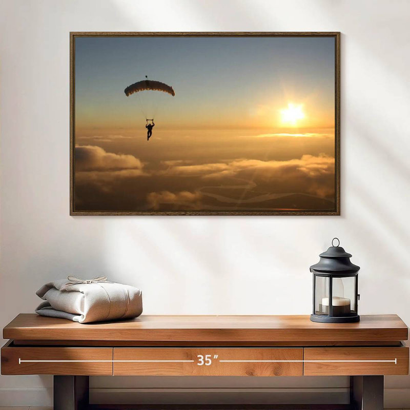 Saut en parachute, 25 po x 17 po, Cadre flottant en noyer