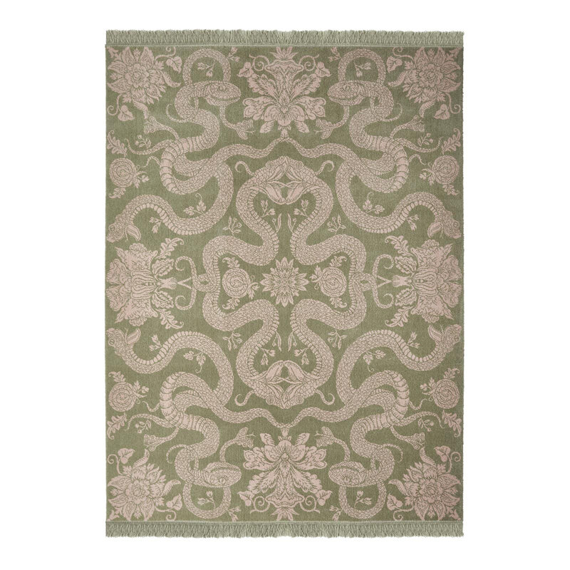 Anaconda Machine Woven Damask Area Rug in Sage/Light Pink