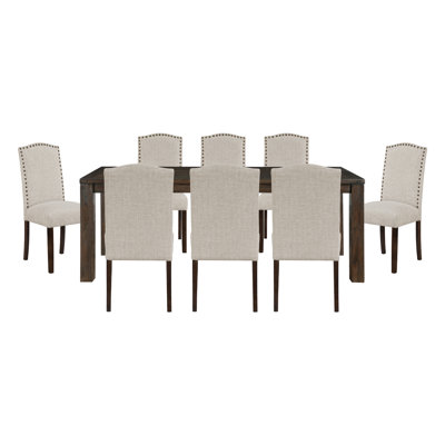9pc Dark Brown Rectangular Dining Table And 8 Taupe Upholstered Side Chairs, Modern Dining, Seats 8, 100% 9 With Room,