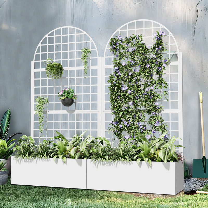 Boîte à fleurs en métal avec treillis avec roues H 73 po x l 35 po, Blanc