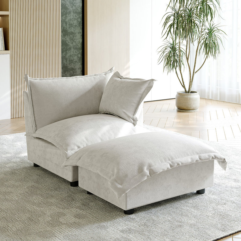Upholstered Armchair with Footstool, Beige