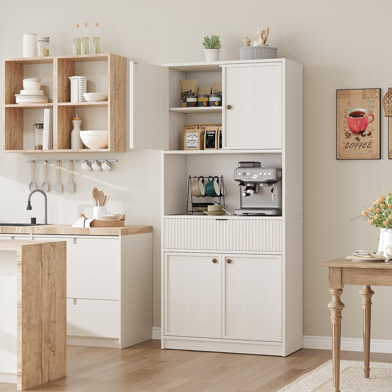 Garde-manger cannelé 70 po avec comptoir, portes et tiroir, armoire de rangement haute autoportante 70 po, Blanc