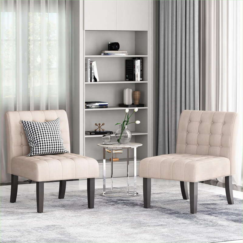 Ensemble de 2 fauteuils de chambre capitonnés traditionnels, siège d'appoint rembourré en tissu beige neutre pour la maison
