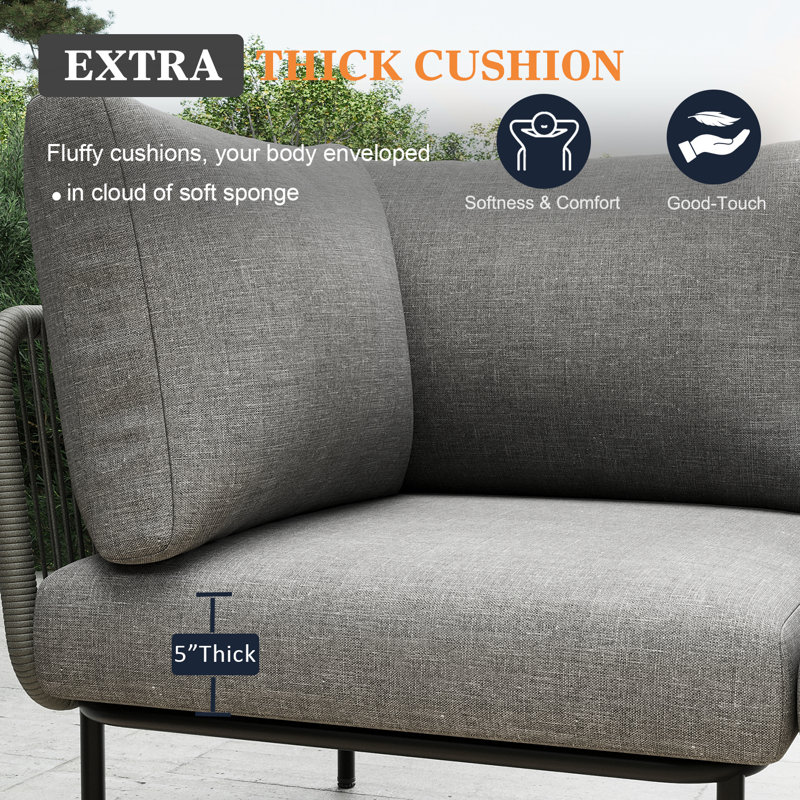 Outdoor Patio Woven Rope Wicker Modular 9 Pieces Sectional Set With Fire Pit Table And Cushions, Dark Grey