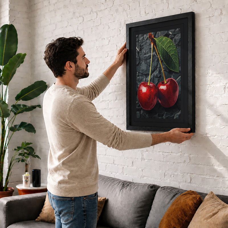 Cherries with Leaf Botanical - Framed Print, Oak, A3 - 42.0 x 29.7 cm