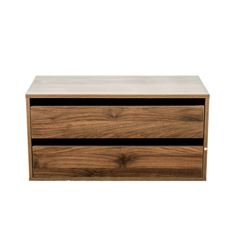 Rangement empilable pour livres et rangement - Organisateur 2 tiroirs, 28,24 * 13,39 * 14,45 pouces, finition noyer, panneau de particules + armoire de présentation, tiroirs, couleur, fabriqué en