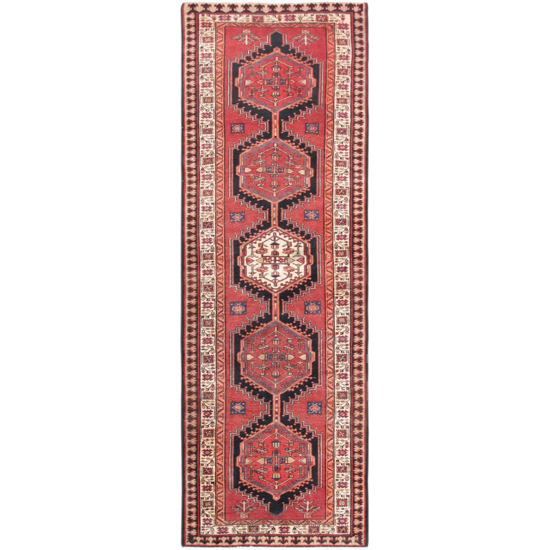 Tapis de couloir unique en laine noué à la main beige / rouge / noir 3 pi 6 po x 10 pi 10 po One-of-a-Kind
