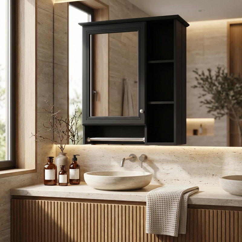 Armoire de salle de bain murale à miroir avec tablette réglable et barre à serviettes intégrée, solution de rangement moderne pour l'organisation du meuble-lavabo