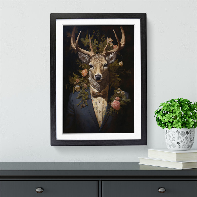 Stag Baroque No.2 - Single Picture Frame Print on Wood, Black Framed, 46cm H x 34cm W x 2cm D