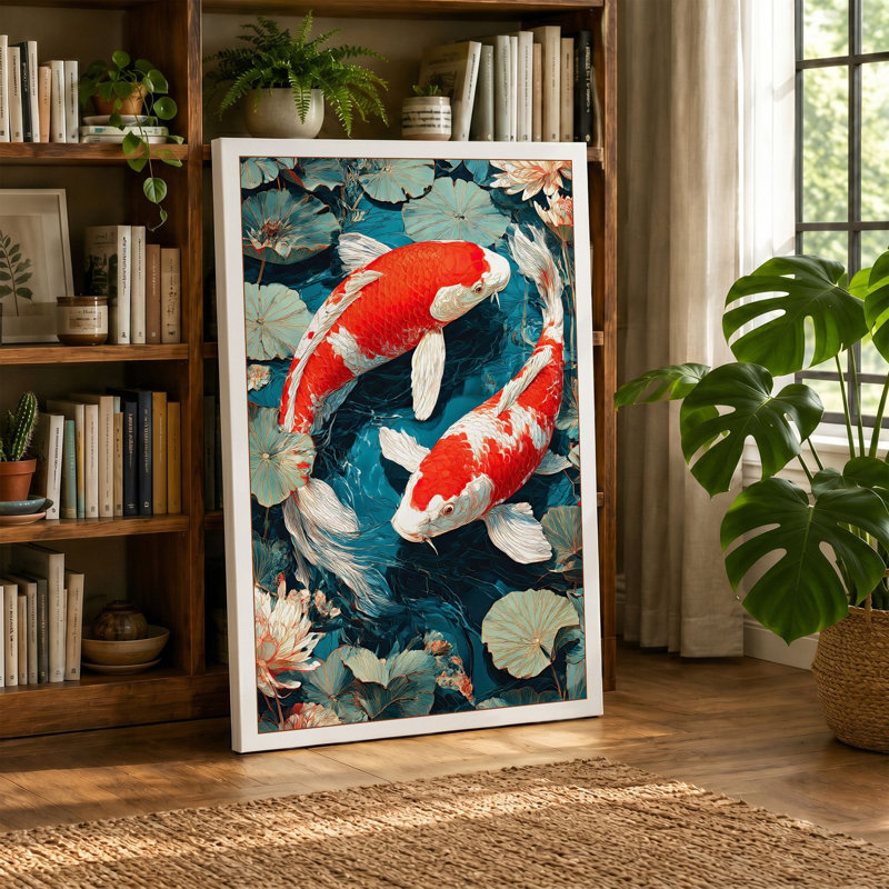 Koi In Circles Japandi - Print, 30x20 - 76.2 x 50.8 cm, Black Border