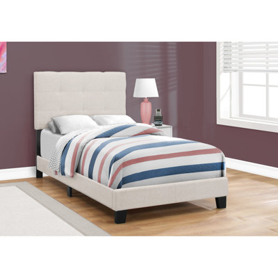 Lit plateforme simple transitionnel, lin beige, tissu d'ameublement à lattes stables pour la jeunesse, base