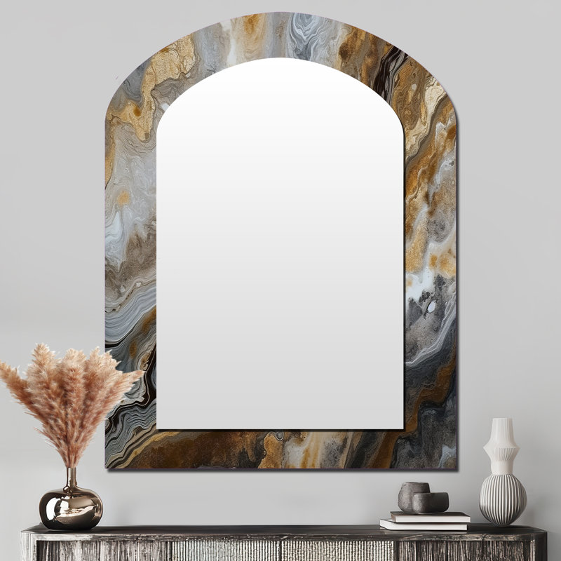 Gold And Grey A Marble Effect I - Marble Asymmetrical Large Mirror, Modern Arch Unique Wall Mirror Decor, Printed Metal Art