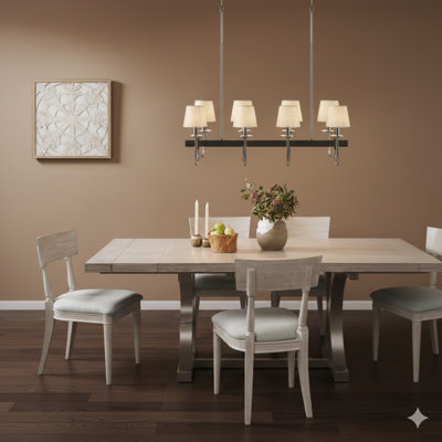 Traditional Style Chandelier With Eight Sockets, Each Covered By A Cylindrical Fabric Drum Shade.