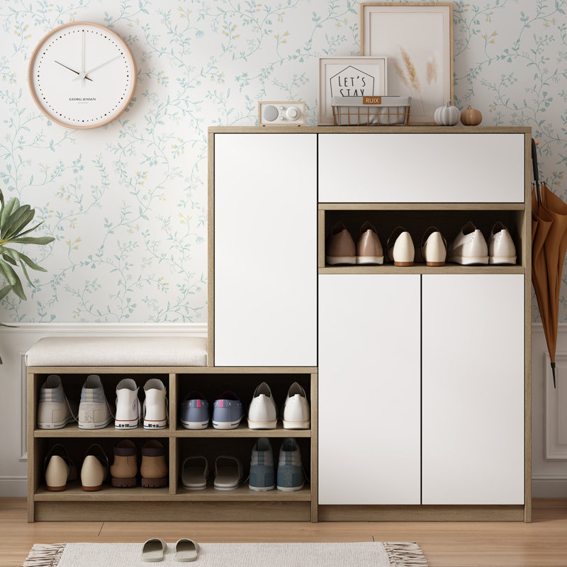 Modern 2-in-1 Shoe Storage Bench with Rebound Doors | Holds 15-20 Pairs, Adjustable Shelves & Padded Seat for Hallway, White