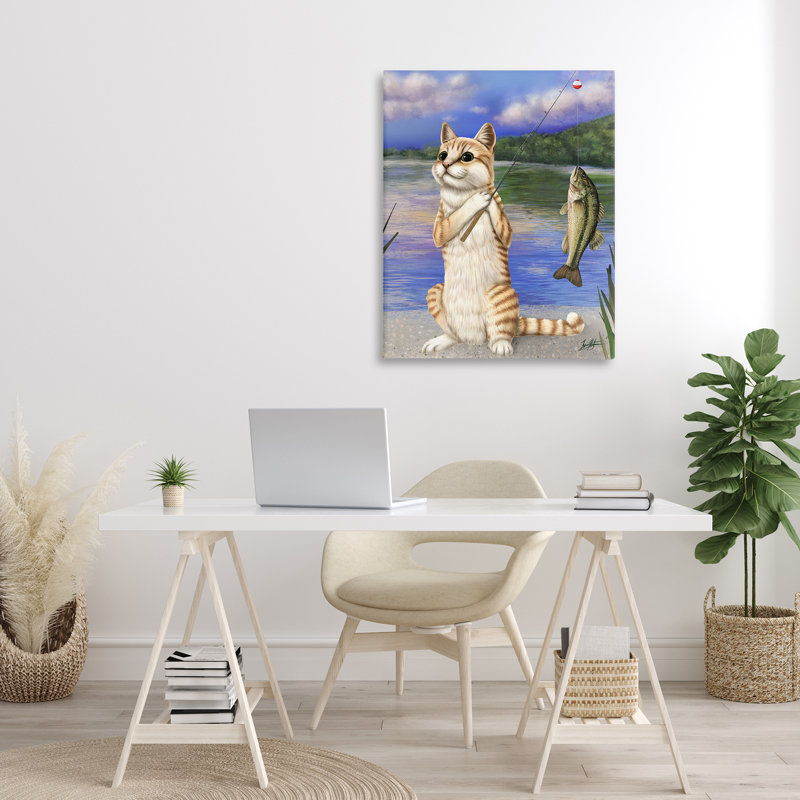 «Fishing Cat» par Lake, art mural sur toile par Mehu Art, H 40 po x l 30 po
