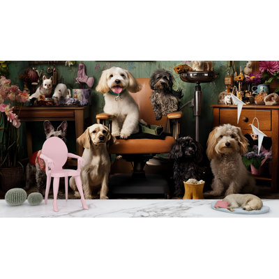 Funny Dog Grooming Salon Scene Wallpaper For Pet Lovers – Whimsical Dogs In Retro Barber Chair – Vintage Style Dog Haircut Wall Mural For Groomers Or Pet Shops