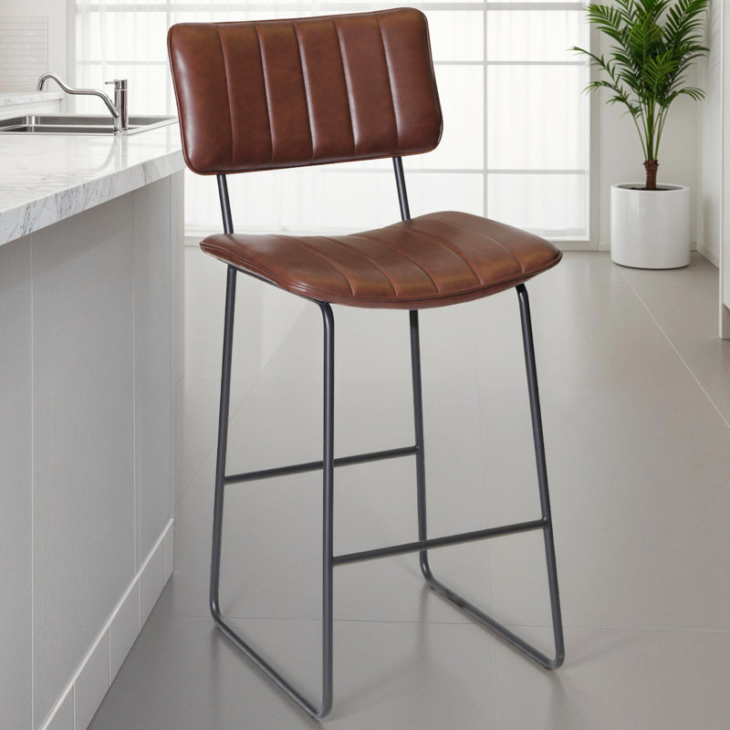 Andoche Faux Leather Iron Frame Upholstered Stool, Bar Stool (30" Seat Height, Cordovan