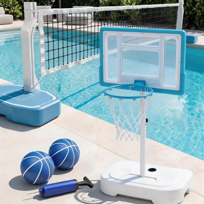 Cage de basketball de piscine extérieure en acier inoxydable pour piscine avec panneau arrière incassable de 32 po et ensemble de jeu de basketball aquatique extérieur à hauteur réglable de 2,95 à 3,94 pi avec 2 balles et pompe incluses