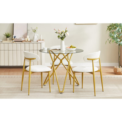 Ensemble de 2 chaises de salle à manger, chaises de cuisine modernes avec rembourrage doux, chaises de restaurant de ferme avec dossiers incurvés et pieds en métal, pour les salles à manger et les cuisines, blanc et or.