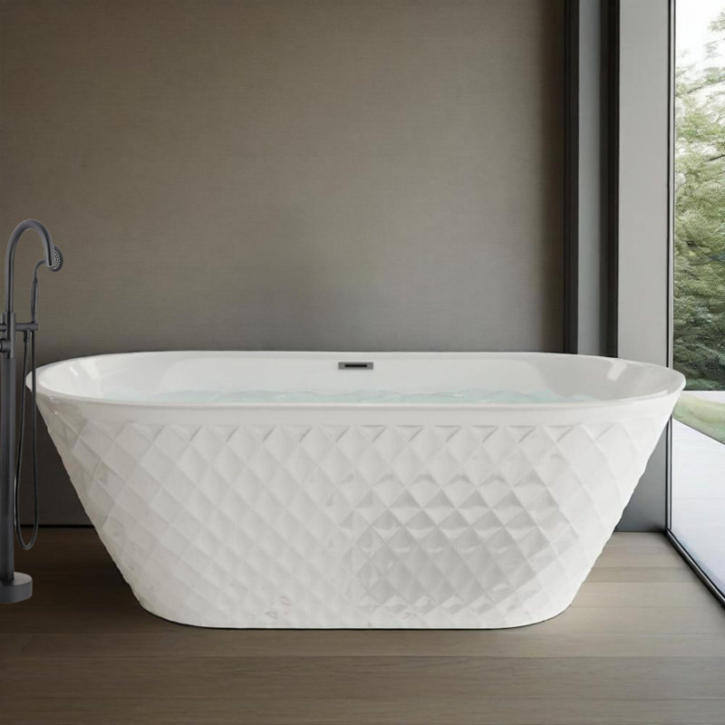 59'' Acrylic Freestanding Bathtub With Unique Diamond Pattern Design,spacious Oval Shape, Gloss White Finish, Chrome Overflow And Pop-up Drain Cupc Certificate