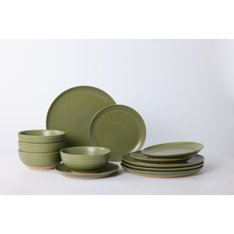 Ceramic Dinnerware Set for 4, 12Pcs Earthenware Plates & Bowls Set Dishes, Amazon Rainforest Green