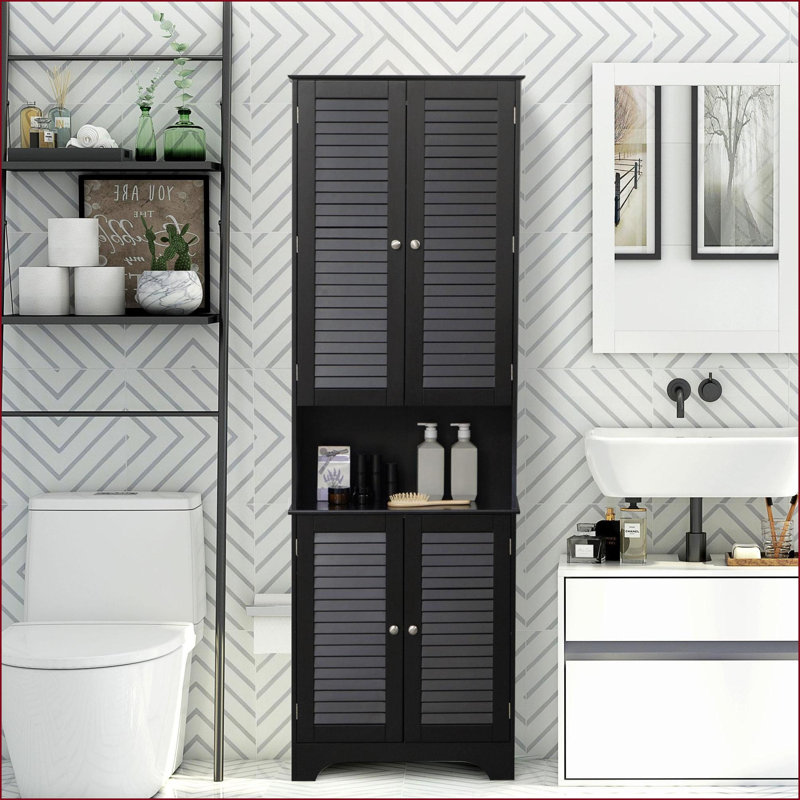 Cabinets de rangement de salle de bain haut étroit avec tablettes réglables, 2 armoires Comptoir, noir | Contemporain | Panneau de fibres à densité moyenne de qualité P2