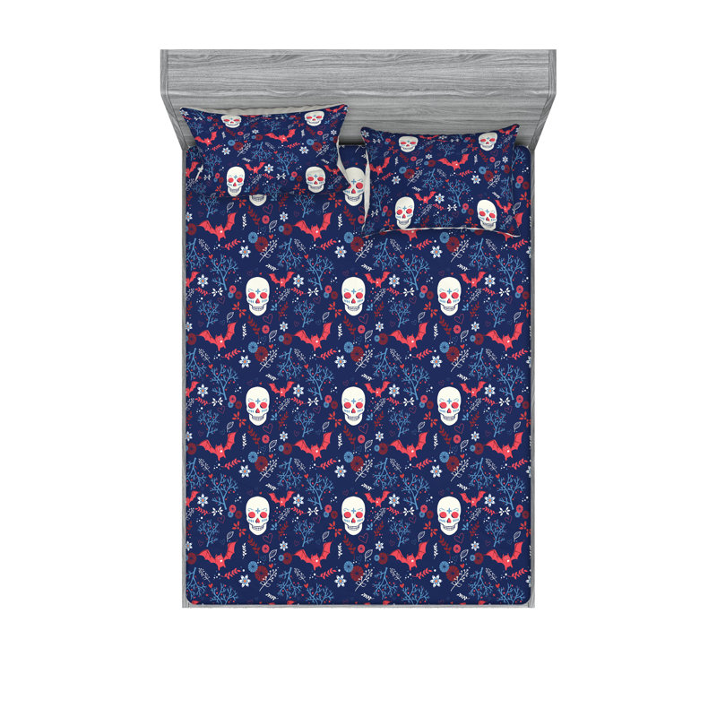 Microfiber Sheet Set, Queen Sheet Set with 2 Pillowcases, Dark Blue Skull Bat