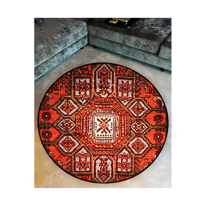Orange Beige Themed Ethnic Motif Traditional Patterned Round Woven Base Vintage Decorative Carpet, Round 4'