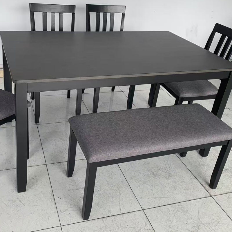 59" Solid Wood Dining Table And Bench Set, Black, Gray