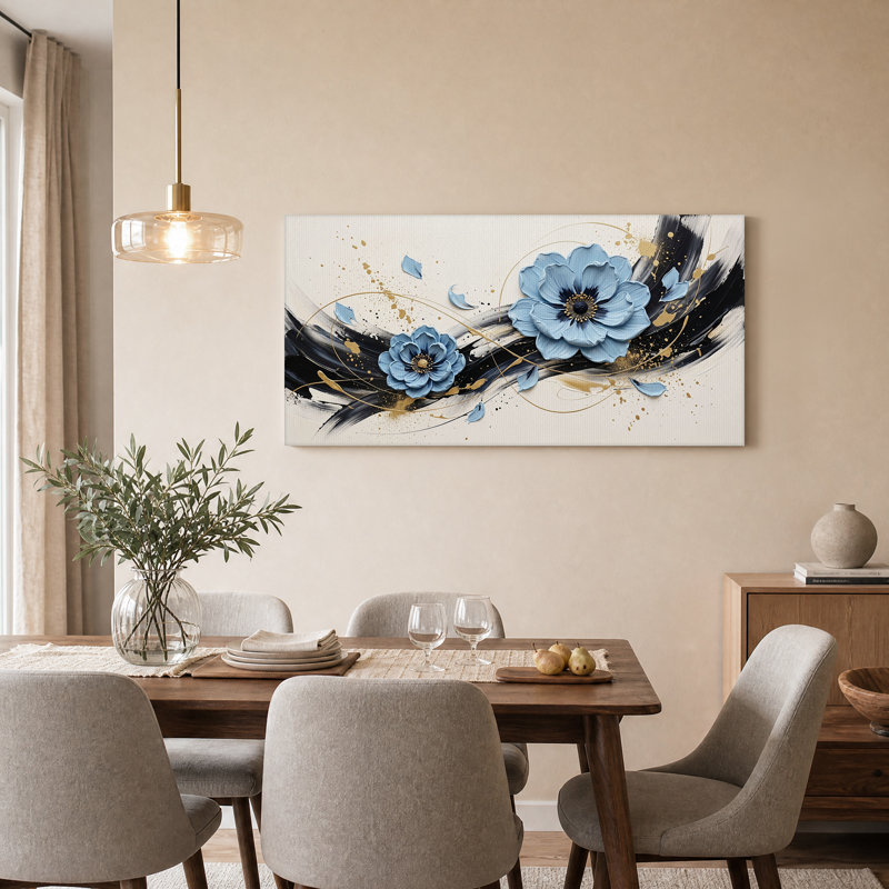 «Blue Flowers with Black and Gold Brushstrokes», art mural sur toile, L 40 po x H 20 po
