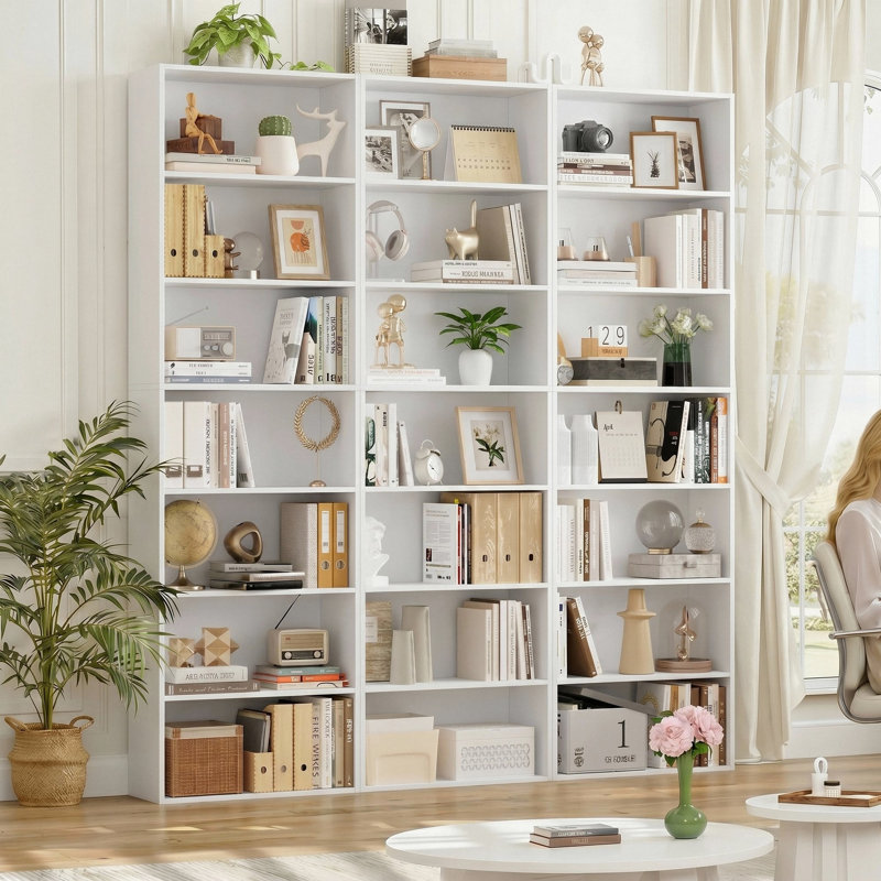 3-Pieces 82.5"H Wood Double 7-Tier Standard Bookcases, Home Library Bookcase Set, White