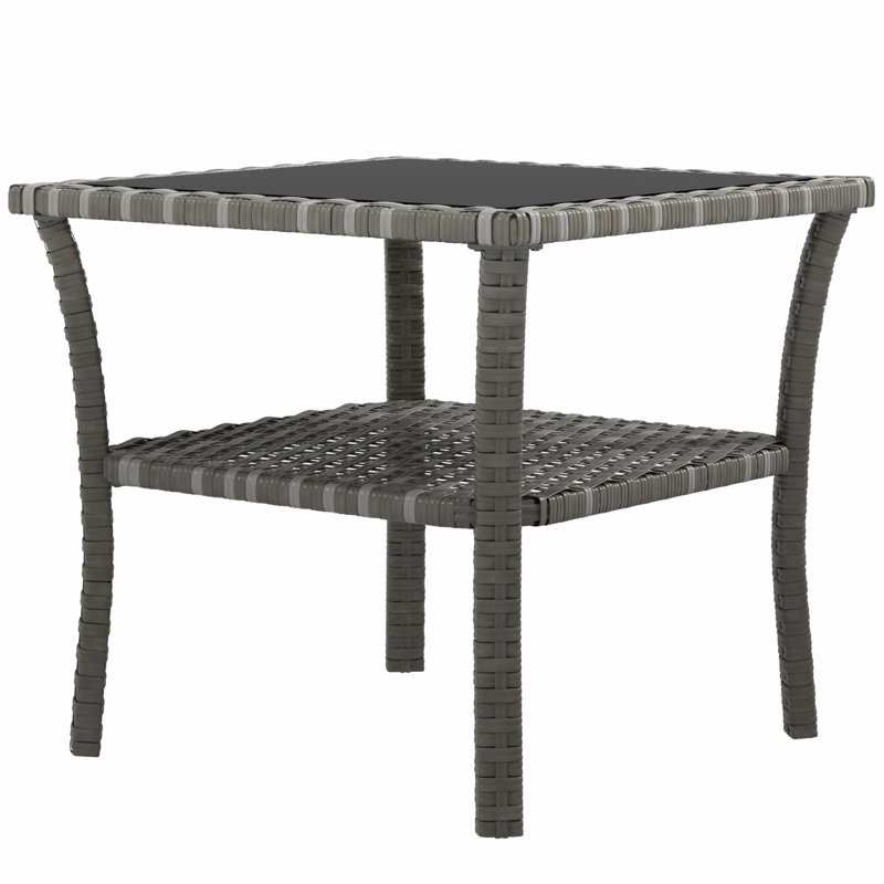 Table d'appoint en rotin Outsunny, table de bout d'extérieur avec tablette de rangement, cadre carré en aluminium, table basse avec plateau en verre trempé, sable