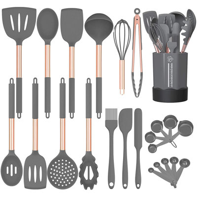 Ensemble 24 pièces d'ustensiles de cuisine en silicone en acier inoxydable, résistant à la chaleur antiadhésif, sans BPA