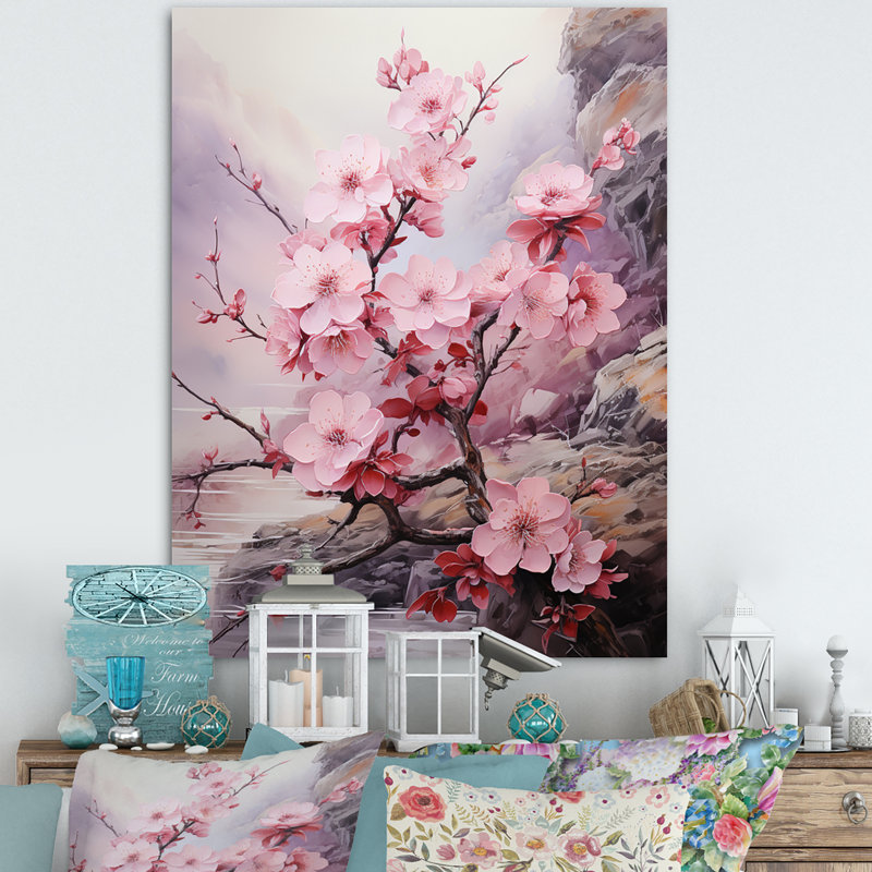 Kapedes, art asiatique, fleurs de cerisier III, H 44 po x l 34 po x P 1,5 po, Toile tendue