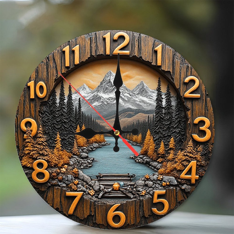 Wooden Mountain Lake Wall Clock