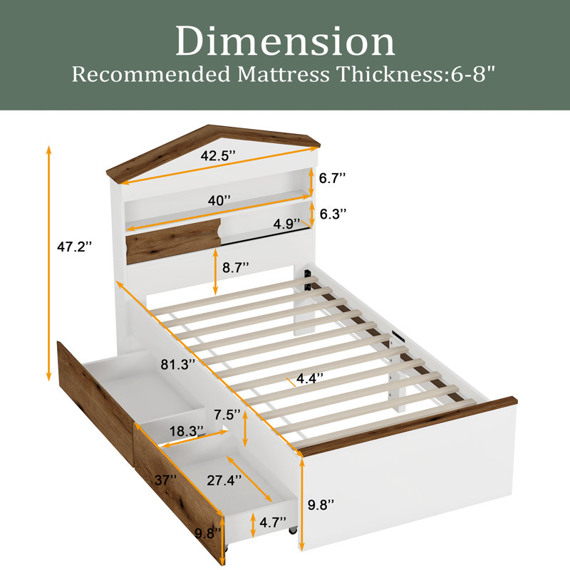 Lit simple en bois en forme de maison avec tablette de rangement sur la tête de lit, deux tiroirs de rangement intégrés, Brun