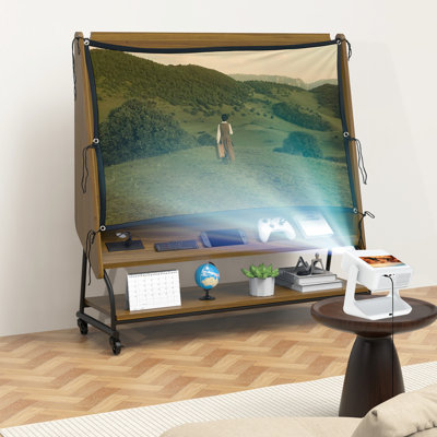 Chariot de télévision mobile avec support pour téléviseur de 32 à 50 po, pivotant verrouillable à 360 degrés, rangement à 3 niveaux, alimentation intégrée et écran rétractable, bois, projecteur multimédia dissimulé dans la chambre à coucher, installation intelligente, installation